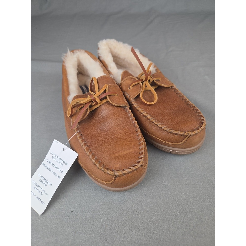 Lands End Slippers Men's 8 Leather Shearing Fur Moccasin English Tan Shoes
